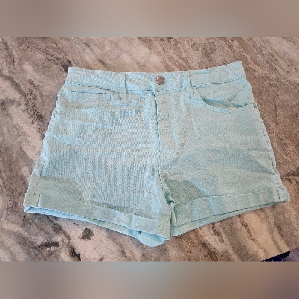 TGLA Aqua Blue Stretch Cuffed Denim Shorts Women's Size 28
